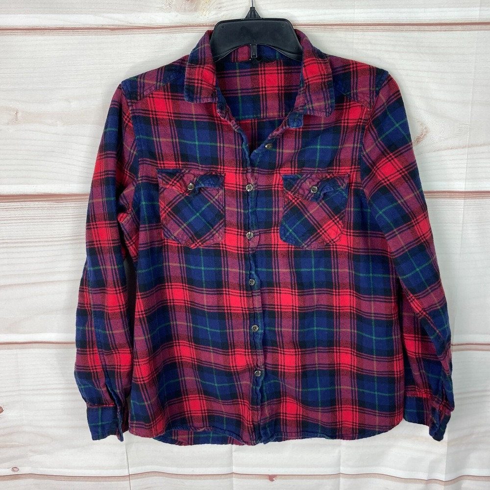 NET Ladies Top Womens 10 Blue Red Plaid Flannel Button Up Shirt Pockets Collar